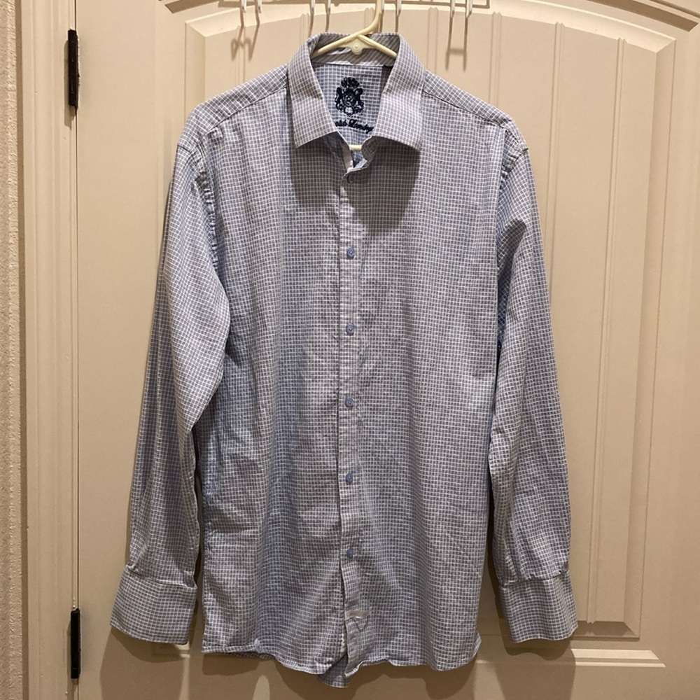 English Laundry Size 16 1/2 36/37 Blue Checkered Shirt Button Down Long Sleeves